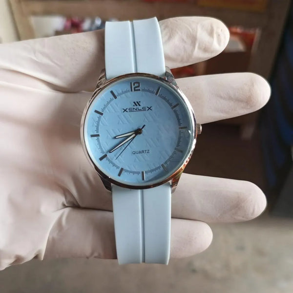Men's Light Blue Textured Dial Watch with Silicone Strap