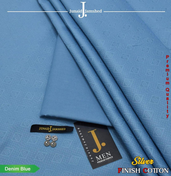 Men's Denim Blue Textured Cotton Suit Silver Finish
