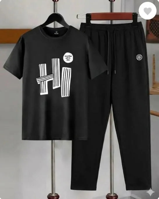 Men's Dri Fit Printed Black Track Suit 2Pcs Small to XL