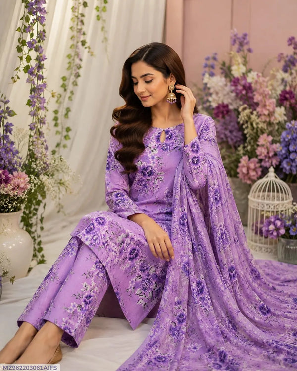 Purple Lawn Embroidered 3Pcs Set for Women
